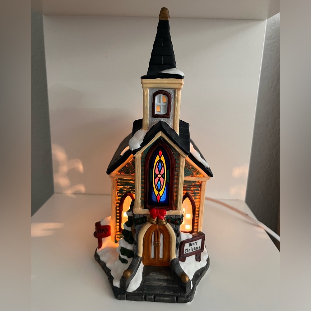 Hand Painted Porcelain Church Village Lighted Christmas Decoration